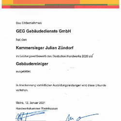 Urkunde der Handwerkskammer für GEG Gebäudedienste GmbH